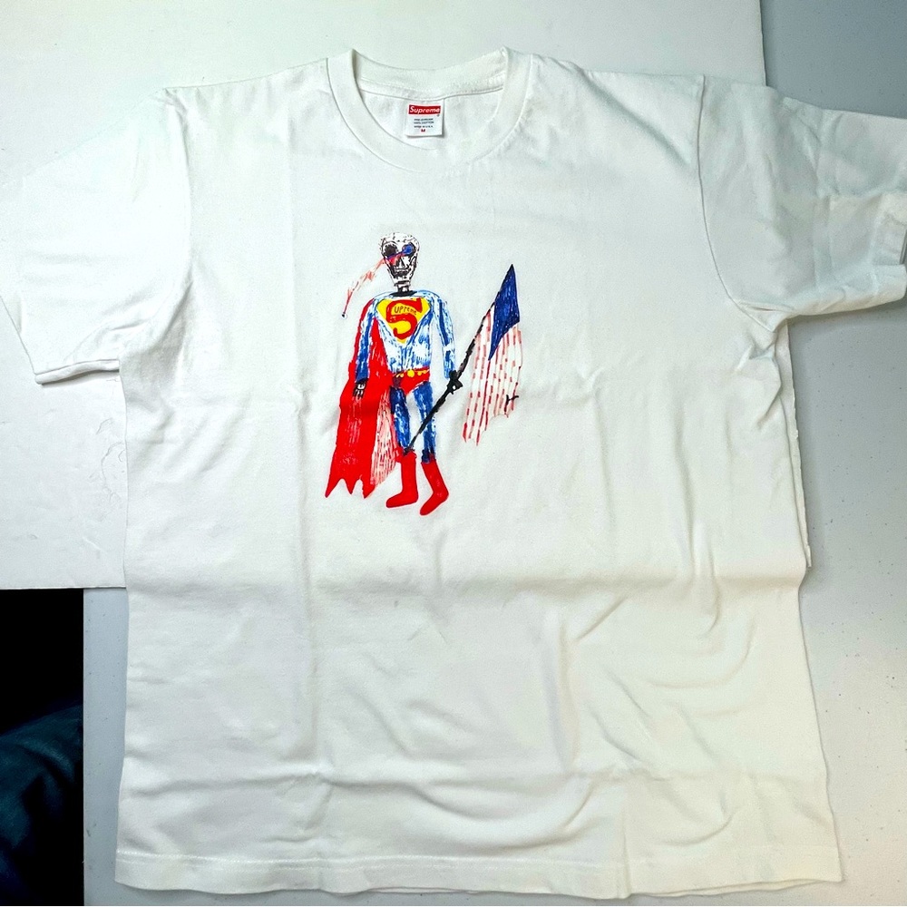 Supreme White Color Skeleton & US Flag Mens Medium Size T-Shirt